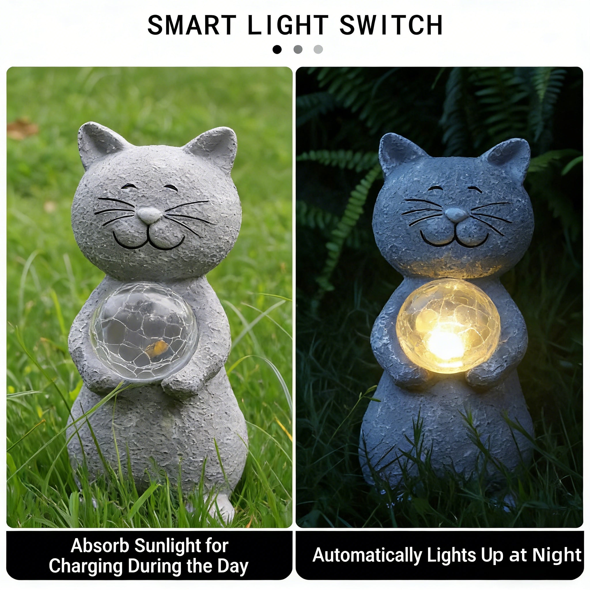 Solar-Powered Outdoor for Cat Statue with Auto-On LED Light