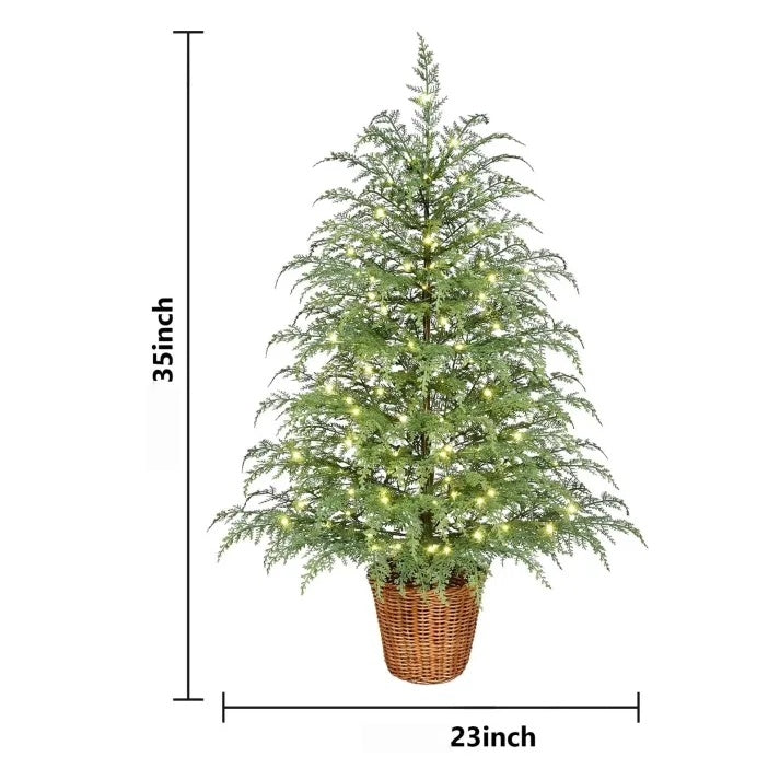 Pre-Lit Green Cypress Artificial Christmas Tree With Woven Basket And Timer