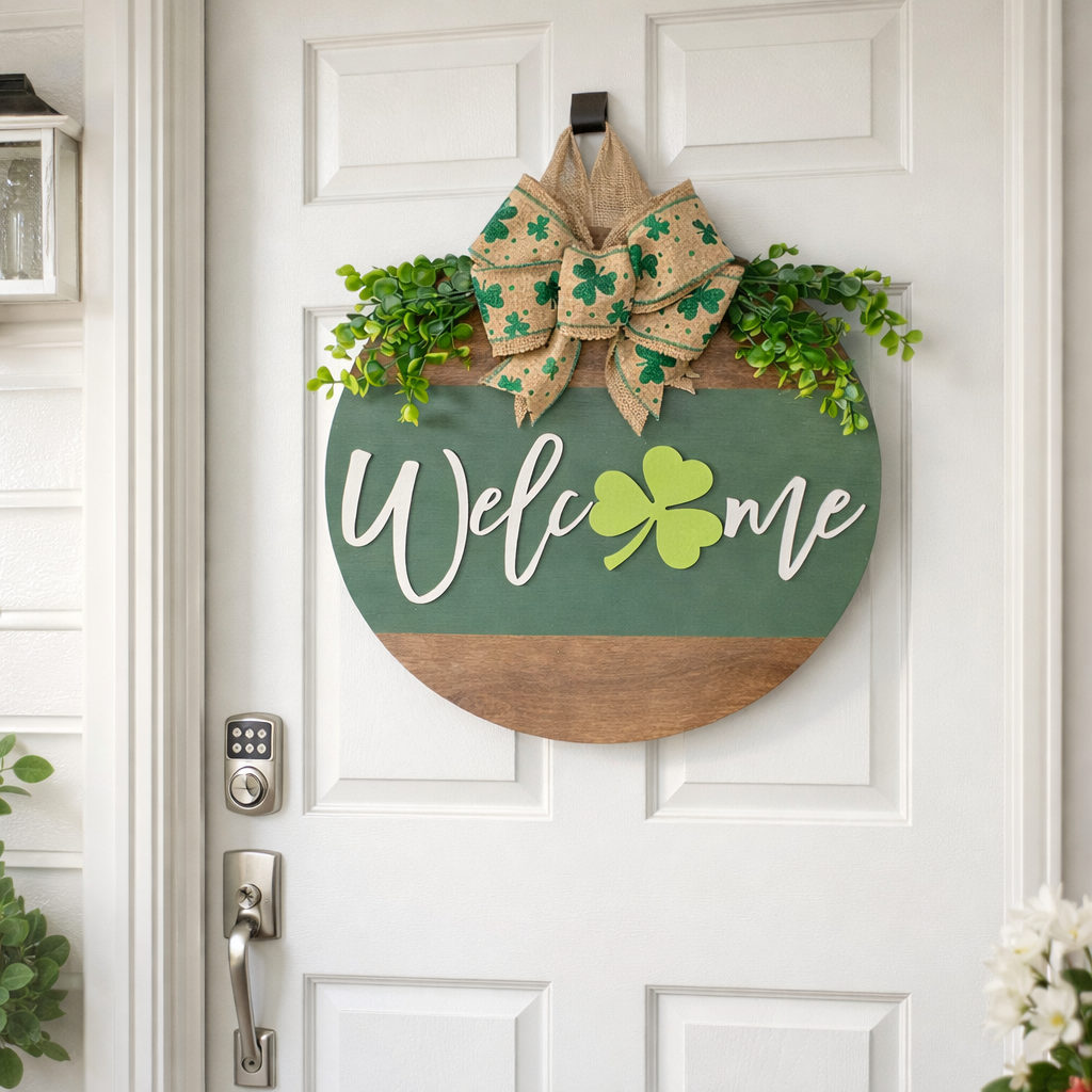 St. Patrick’s Day Door Hanging Wreath Decor – Wooden Shamrock Welcome Sign with Burlap Bow