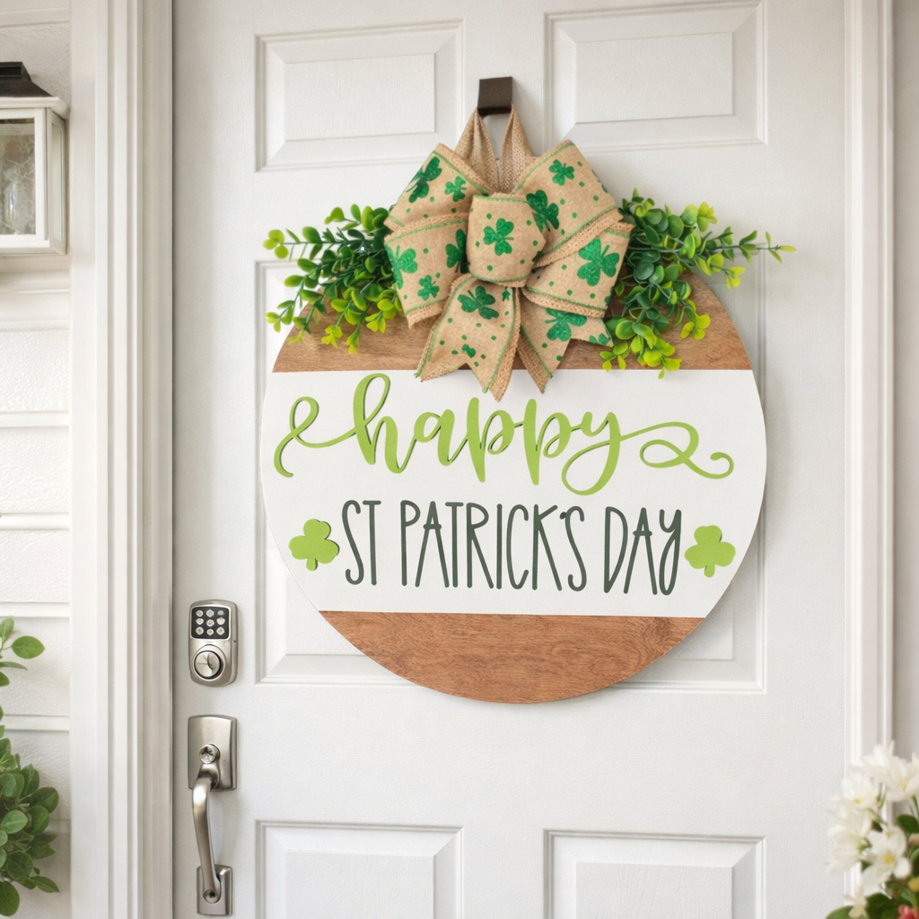 St. Patrick’s Day Door Hanging Wreath Decor – Wooden Shamrock Welcome Sign with Burlap Bow