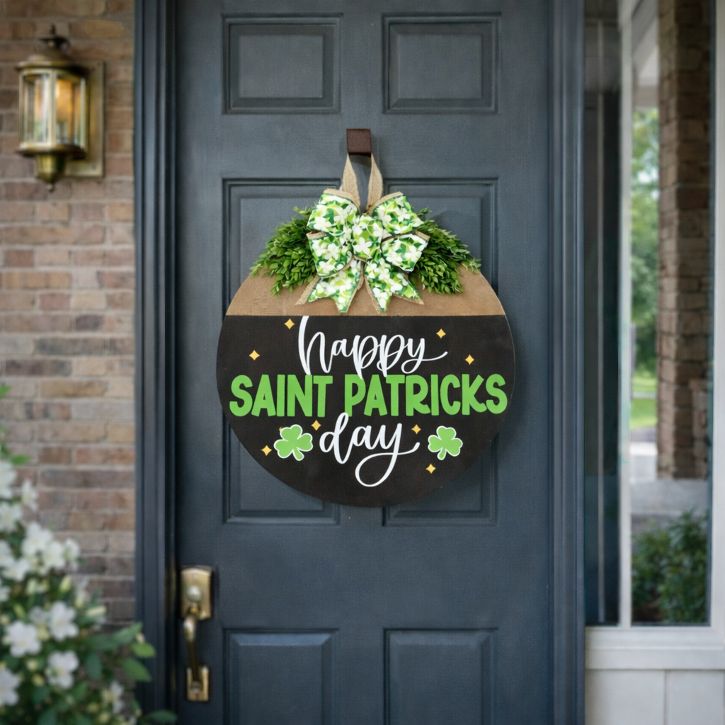St. Patrick’s Day Door Hanging Wreath Decor – Wooden Shamrock Welcome Sign with Burlap Bow