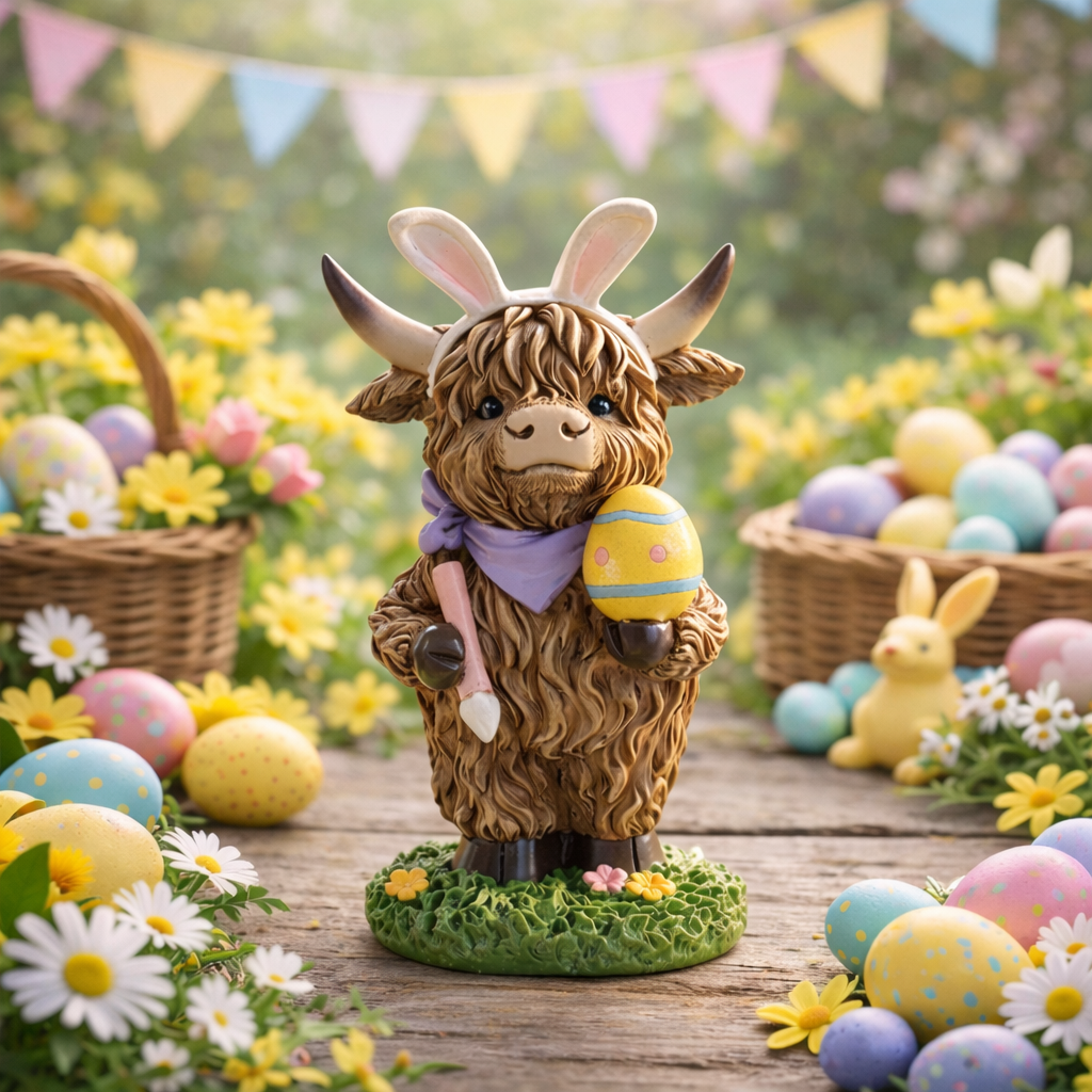 Easter Highland Cow Set with Bunny Ears on Base