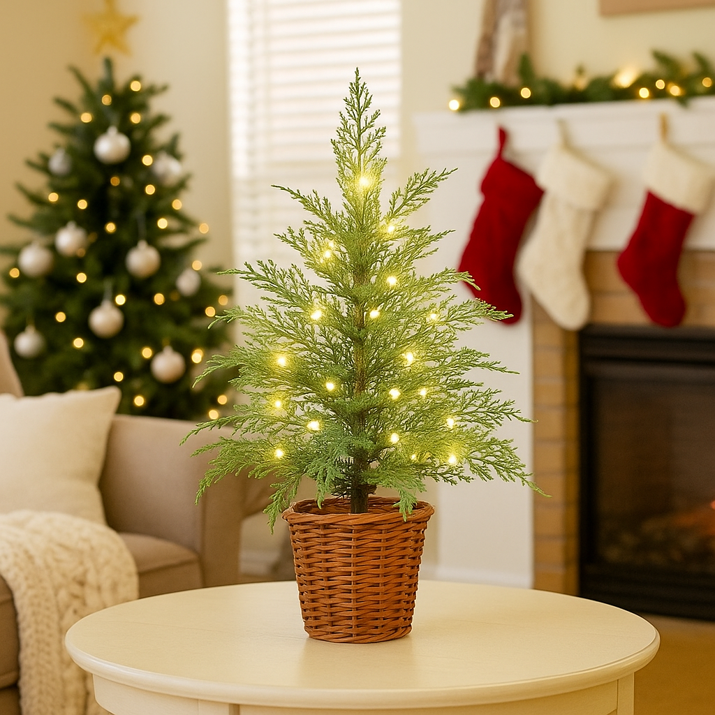 Pre-Lit Green Cypress Artificial Christmas Tree With Woven Basket And Timer