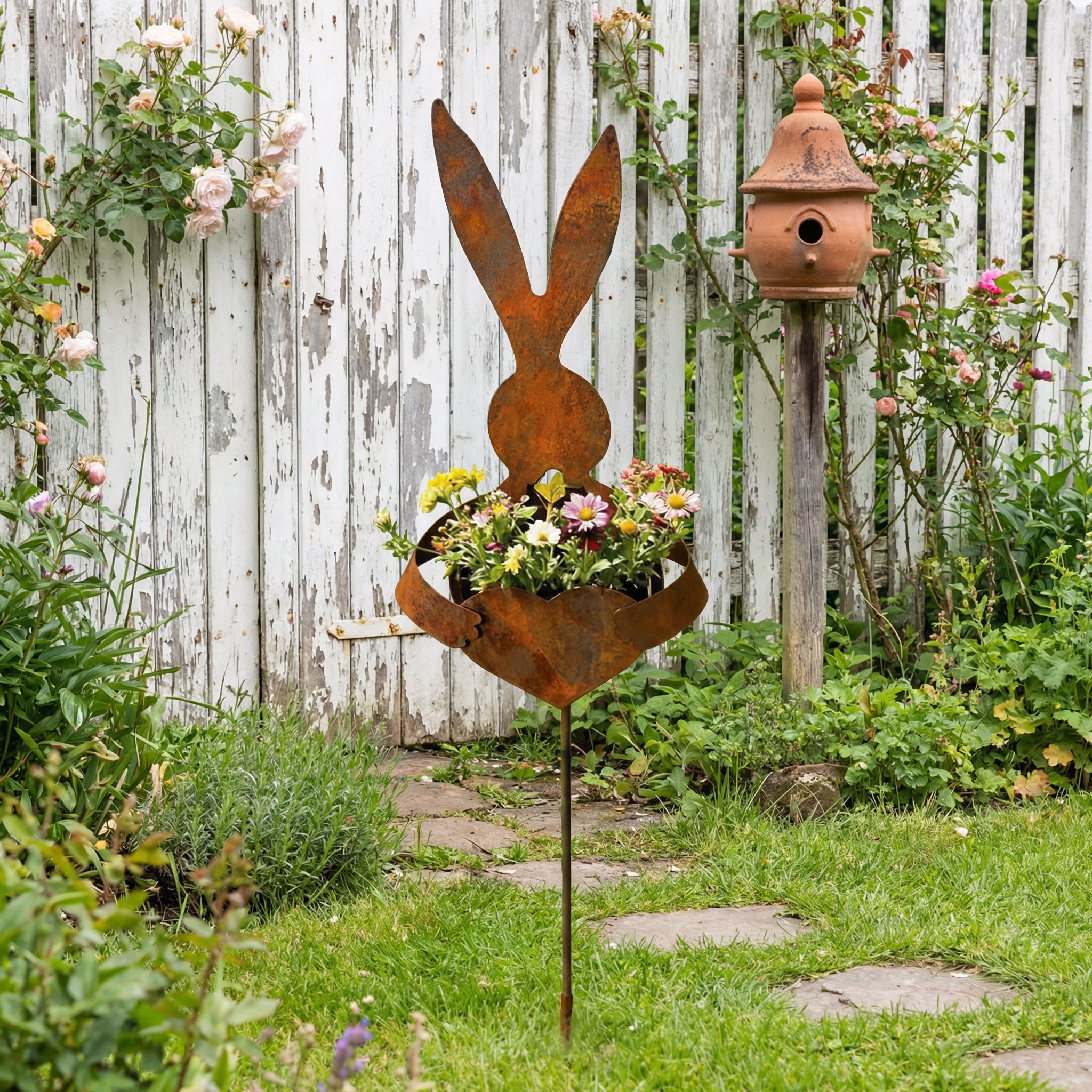 Easter Vintage Metal Rabbit Shaped Planter Garden Stake